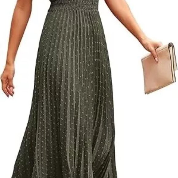 PRETTYGARDEN Women's Sleeveless V Neck Midi Dress, Swiss Dot, Ruffle, Army Green - Picture 2 of 3